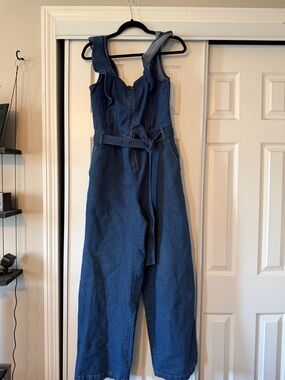 Tinseltown Dark Blue Denim Wide-Leg Jumpsuit with Belt